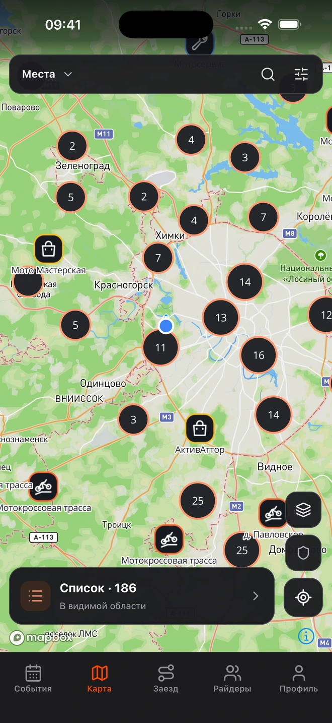 Карта мотомест в приложении Let’s RXCE